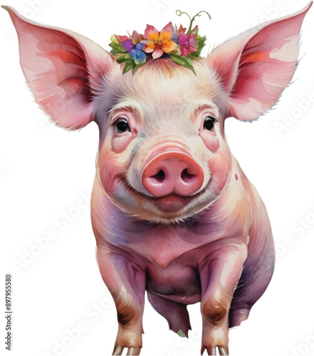 pig with flower watercolor