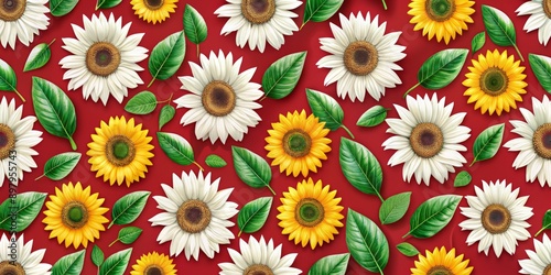 Vibrant white sunflowers with green leaves scattered on a bold red background, creating a playful seamless pattern perfect for Fall, Summer, and Thanksgiving designs. © DigitalArt Max