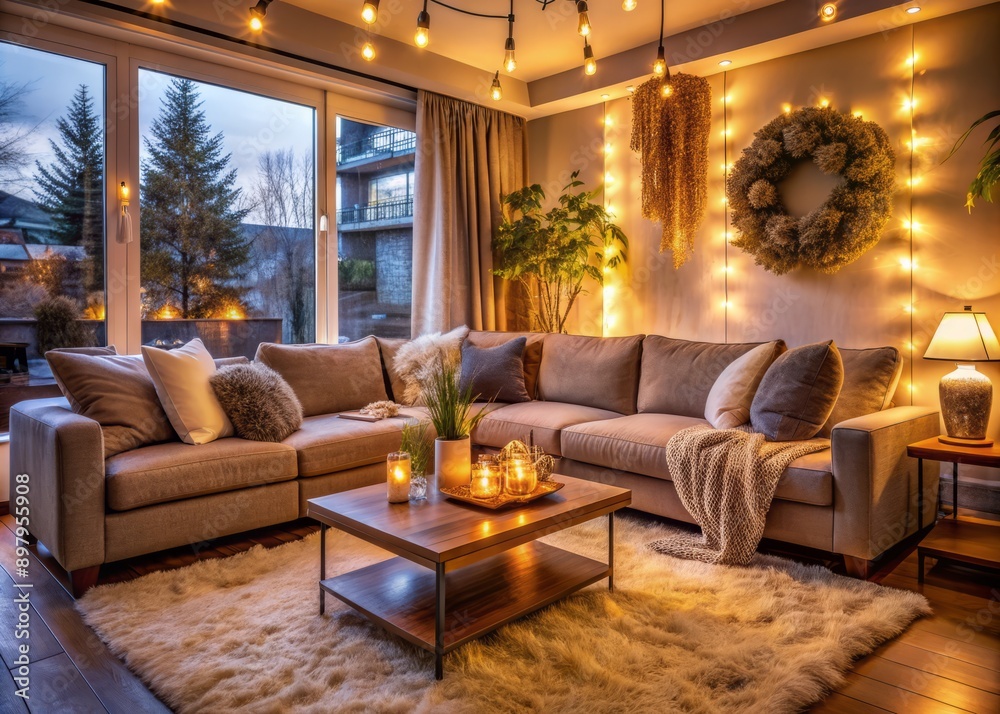 Warm and inviting living room features a plush stylish couch, soft warm lighting, and a cozy atmosphere, perfect for relaxation and comfort on a cold evening. Warm and inviting living room features a plush stylish couch, soft warm lighting, and a cozy atmosphere, perfect for relaxation and comfort on a cold evening.