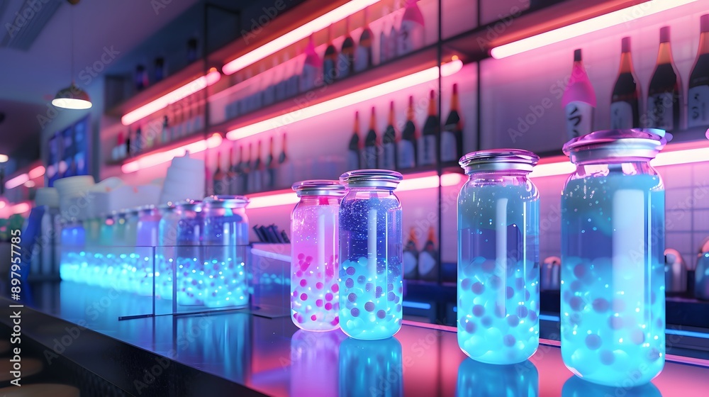 A modern bubble tea shop with transparent shaking stations and glowing tapioca pearls, serving fun in a cup style A modern bubble tea shop with transparent shaking stations and glowing tapioca pearls, serving fun in a cup style