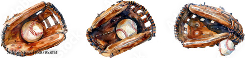 Watercolor baseball glove and ball isolated on a white background,