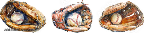 Watercolor baseball glove and ball isolated on a white background,