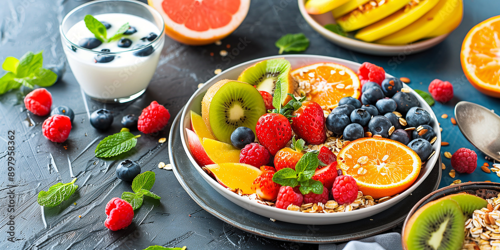 Gesundes Frühstück mit verschiedene Speisen Gesundes Frühstück mit verschiedene Speisen