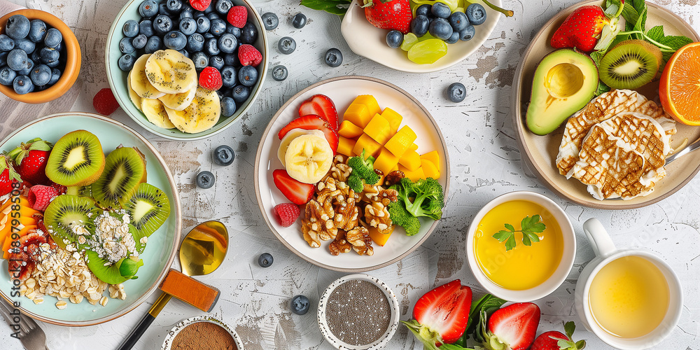 Gesundes Frühstück mit verschiedene Speisen