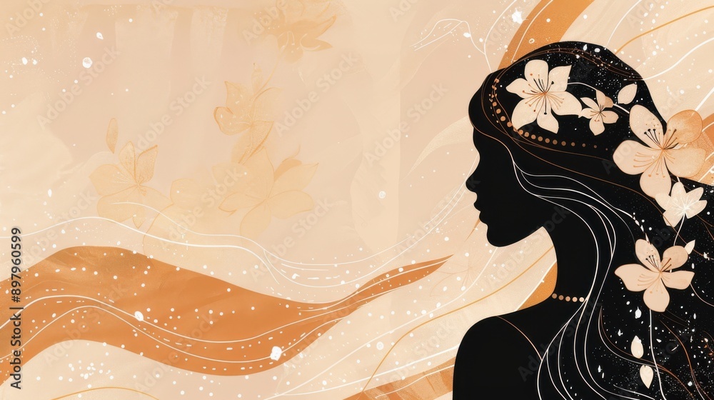 Chinese minimalism illustration, silhouette portrait of a woman with wavy hair styled in relaxed beachy waves with a beaded headband, flat illustration Chinese figure illustration on warm sandstone 