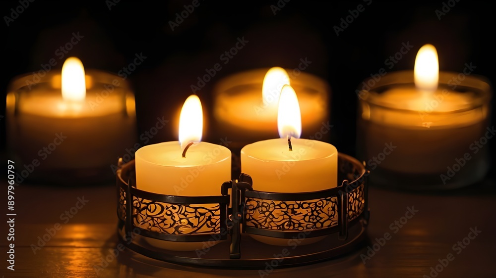 burning candles in the dark on table burning candles in the dark on table