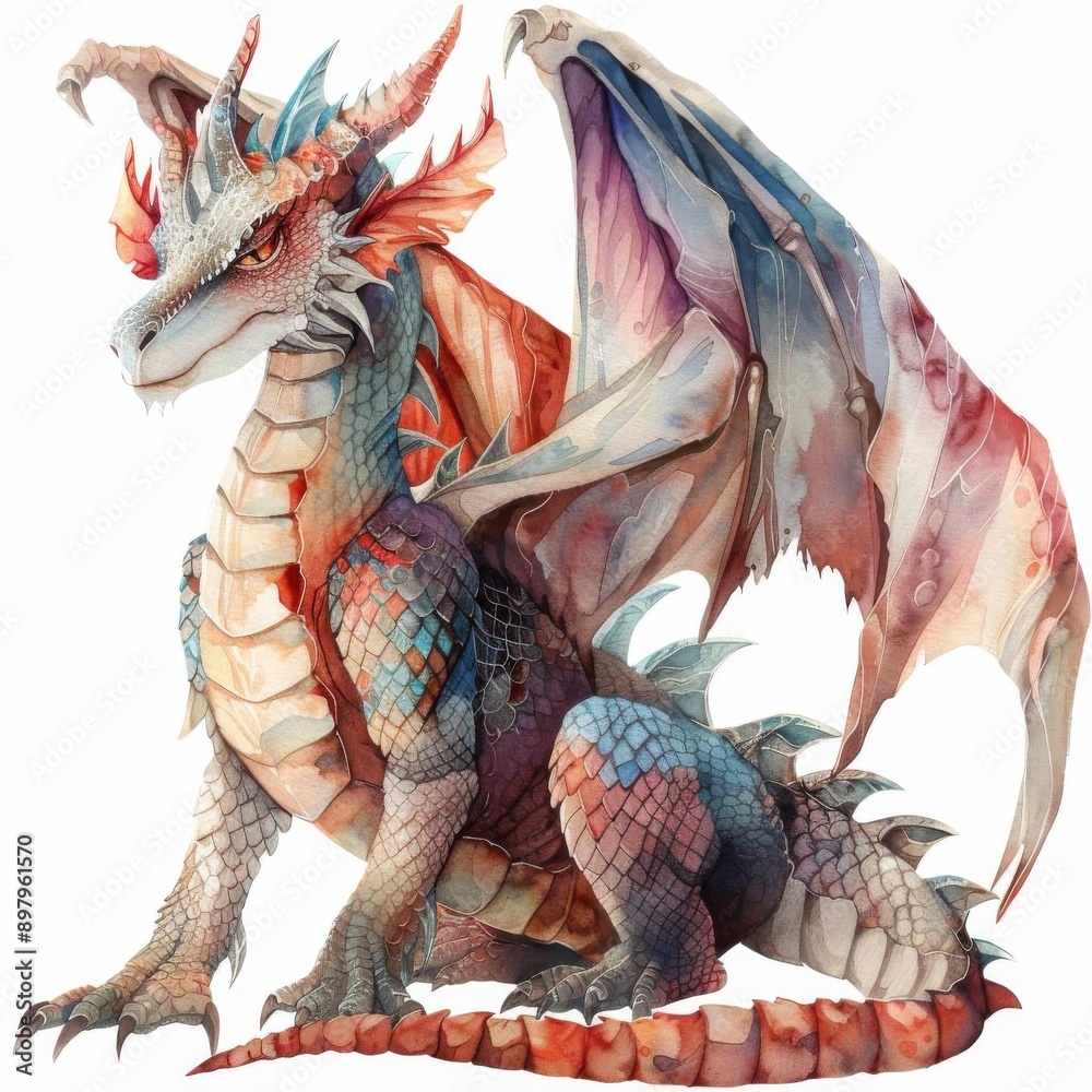 Obraz premium A dragon outfit with scales and wings, mythical disguise, watercolor drawing, isolated on white background