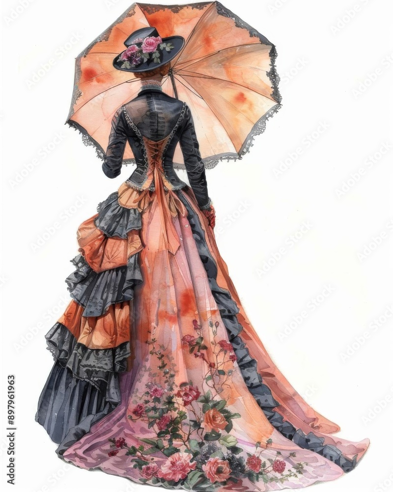 A Victorian dressup costume with bonnet and parasol, historical outfit, watercolor art, isolated on white background A Victorian dressup costume with bonnet and parasol, historical outfit, watercolor art, isolated on white background
