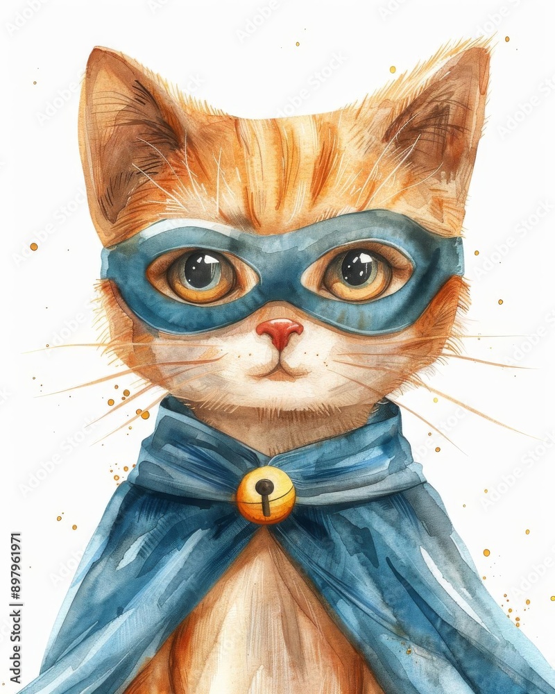 Fototapeta A superhero cat outfit with mask and cape, feline disguise, watercolor style, isolated on white background