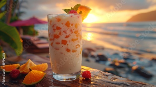 Tropical fruit smoothie on the beach at sunset - generative ai photo