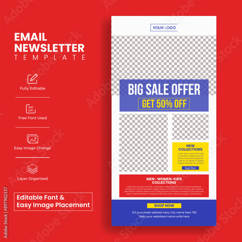 Editable e-commerce email newsletter template for fashion sale web page ui interface layout design suitable for sale promotional email marketing or newspaper template design 
