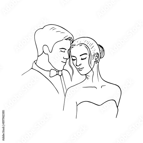 portrait of man and woman with heads pressed tenderly together - hand drawn doodle