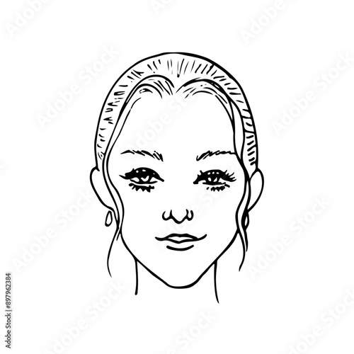 portrait of a beautiful woman with wavy flowing locks on both sides of her face - hand drawn doodle