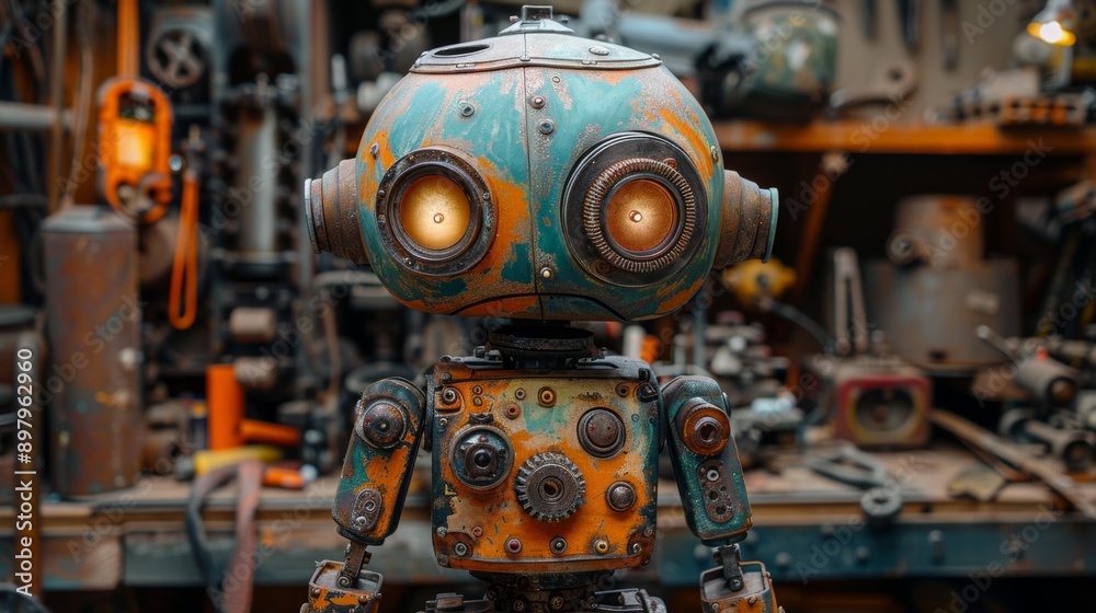 Steampunk robot in workshop - generative ai Steampunk robot in workshop - generative ai