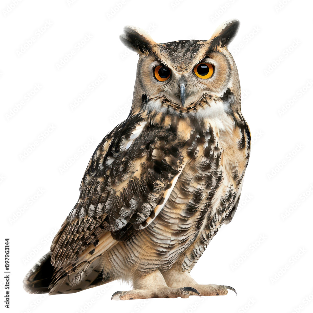Obraz premium A majestic owl perched gracefully, showcasing its striking feathers and captivating eyes, symbolizing wisdom and mystery.