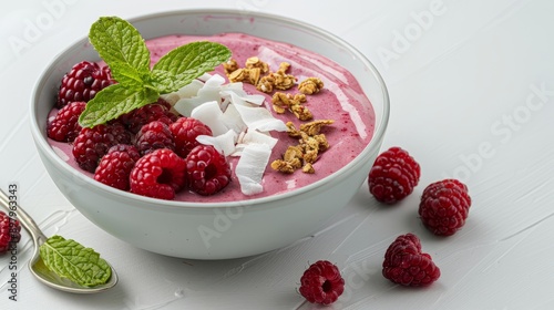 Delicious raspberry yogurt bowl topped with granola, coconut, and mint for a refreshing breakfast or snack.