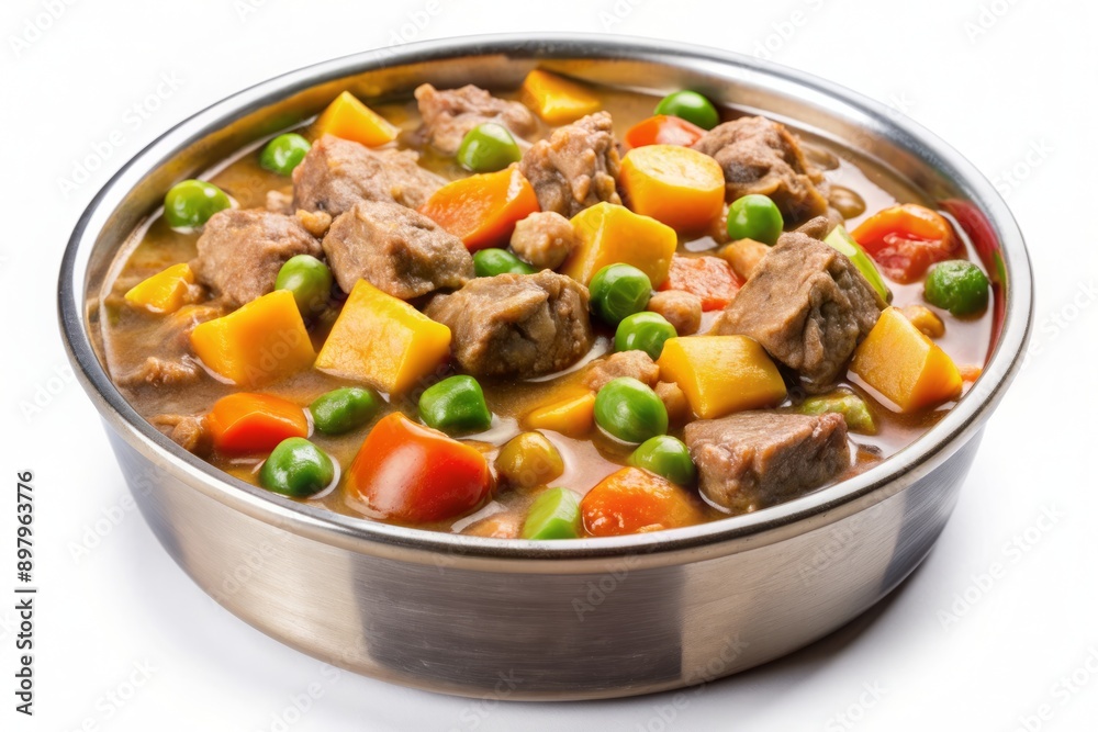 Delicious and nutritious wet dog food with chunks of meat and mixed vegetables in a savory gravy, isolated on a transparent background for easy editing. Delicious and nutritious wet dog food with chunks of meat and mixed vegetables in a savory gravy, isolated on a transparent background for easy editing.
