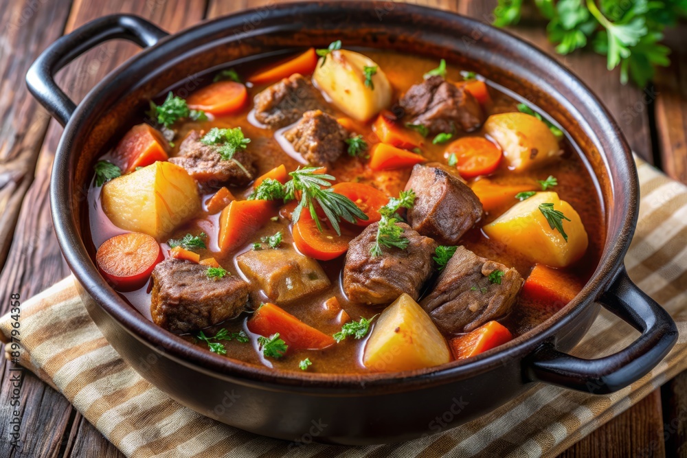 Hearty tender beef stew slowly simmers in a slow cooker with carrots and potatoes, infused with rich flavors of red wine, awaiting a comforting meal. Hearty tender beef stew slowly simmers in a slow cooker with carrots and potatoes, infused with rich flavors of red wine, awaiting a comforting meal.