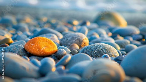 A smooth, pebble-strewn beach with one brightly colored stone standing out, surrounded by space photo