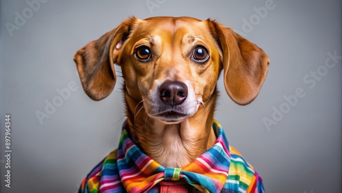 Adorable brown dog with floppy ears and wagging tail wears a brightly colored casual shirt and poses for the camera with a sweet expression. © DigitalArt Max