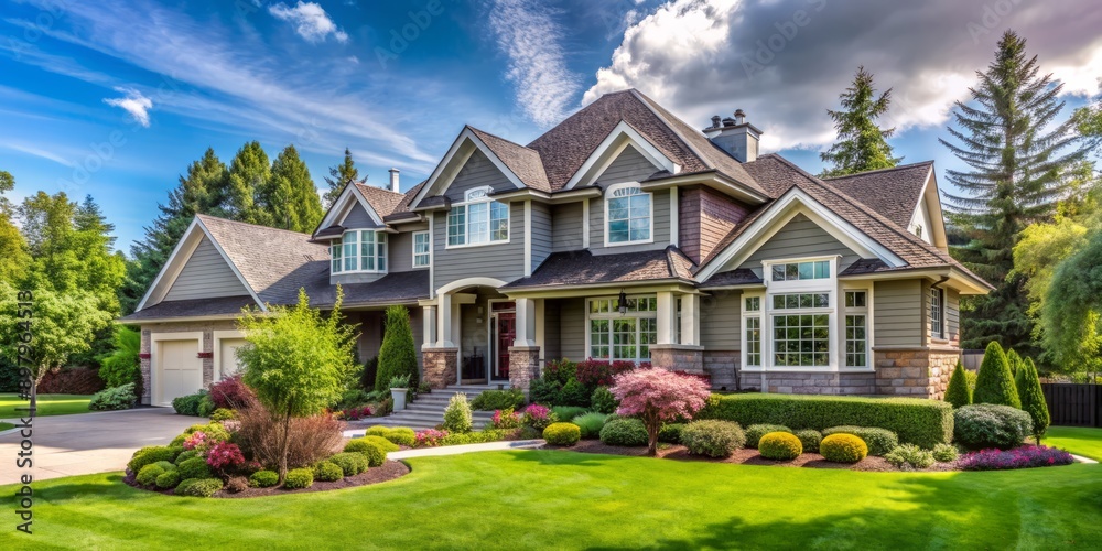 Beautiful suburban landscape with a blend of classic and modern architectural styles, featuring a spacious house with lush green lawns and mature trees. Beautiful suburban landscape with a blend of classic and modern architectural styles, featuring a spacious house with lush green lawns and mature trees.