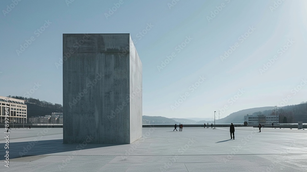 A stark, minimalist sculpture in a wide, open public space, interacting with its environment A stark, minimalist sculpture in a wide, open public space, interacting with its environment