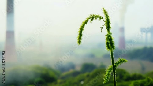 Small leaves or trees with smoke background from industrial factory, environment photo