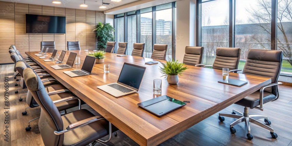 Modern conference room with empty chairs around a large wooden table, displaying laptops, files, and water glasses, conveying a sense of professionalism and collaboration. Modern conference room with empty chairs around a large wooden table, displaying laptops, files, and water glasses, conveying a sense of professionalism and collaboration.
