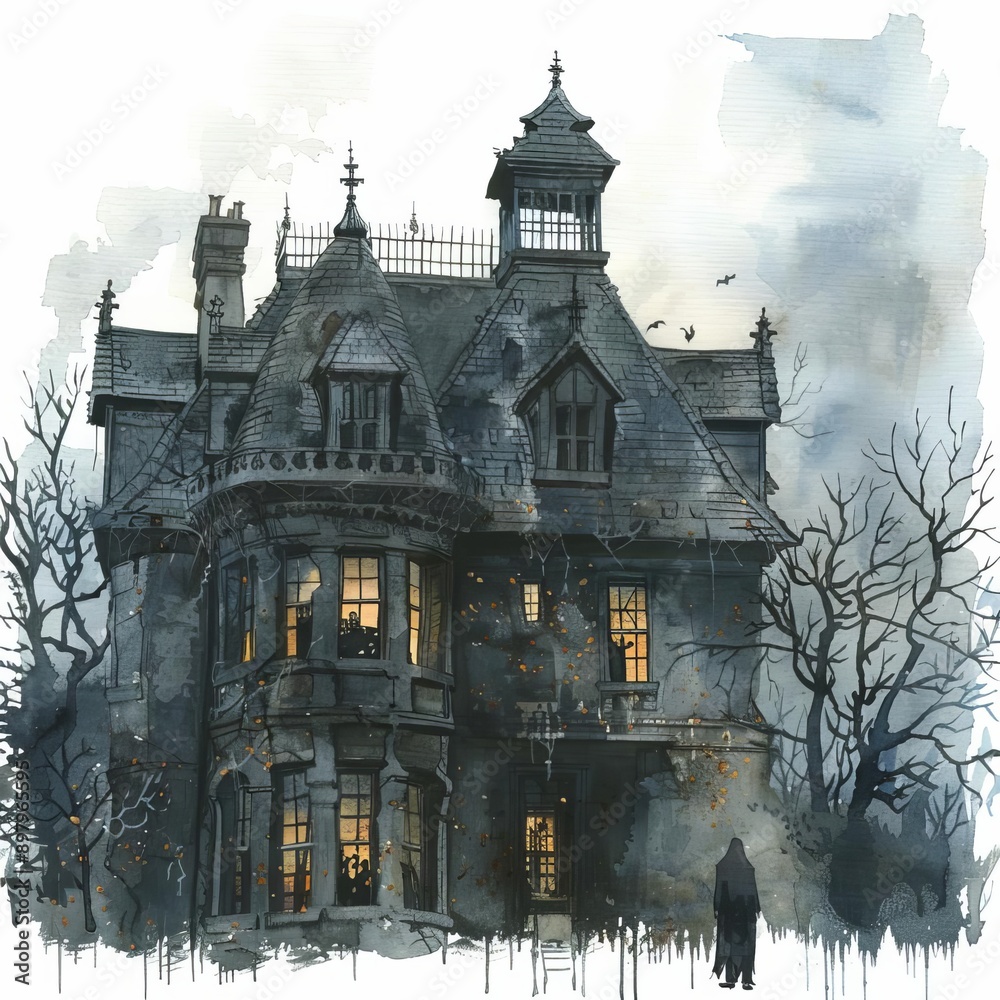 Obraz premium A ghostly figure peeking through the window of a haunted mansion, supernatural touch, watercolor illustration, isolated on white background