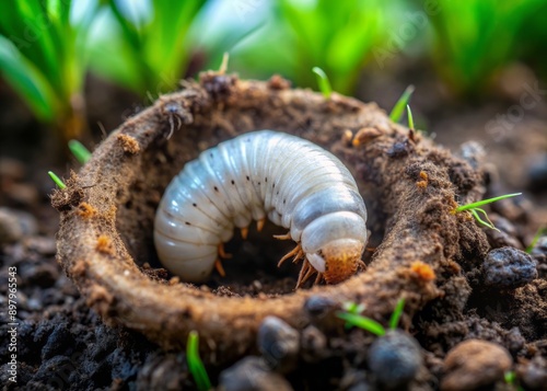 Macro view of underground ecosystem, a white lawn grub digging through damp soil surrounded by blade grass roots, highlighting the unseen world beneath our feet.