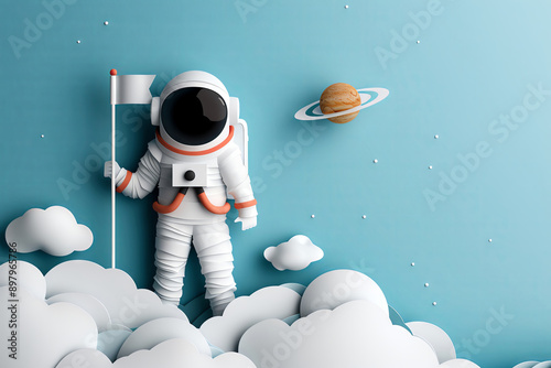 Paper cut style astronaut planting a flag on a colorful, otherworldly landscape