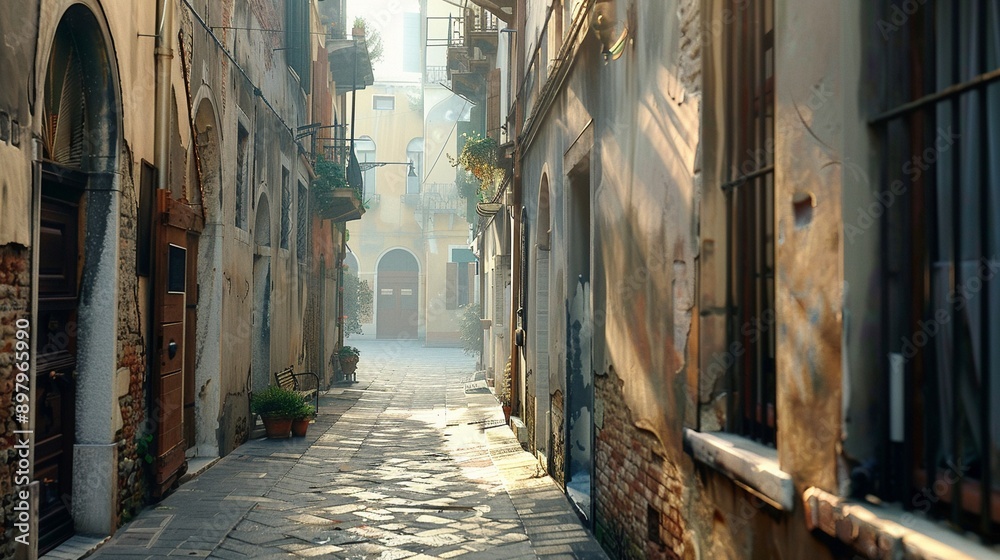 Fototapeta premium A narrow, empty alleyway bathed in the soft, even light of the early morning