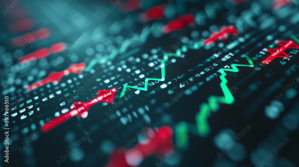 Real-time stock market display, green and red arrows for market trends, emphasizing the volatility and potential gains Real-time stock market display, green and red arrows for market trends, emphasizing the volatility and potential gains