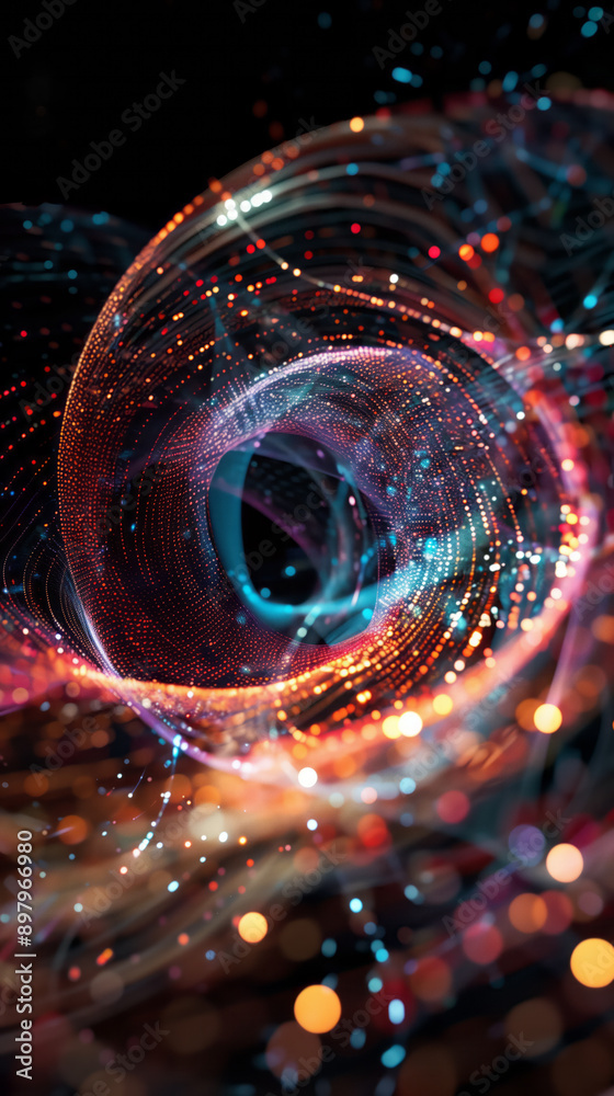 Abstract 3D holographic element with a futuristic, digital theme on a black background Abstract 3D holographic element with a futuristic, digital theme on a black background