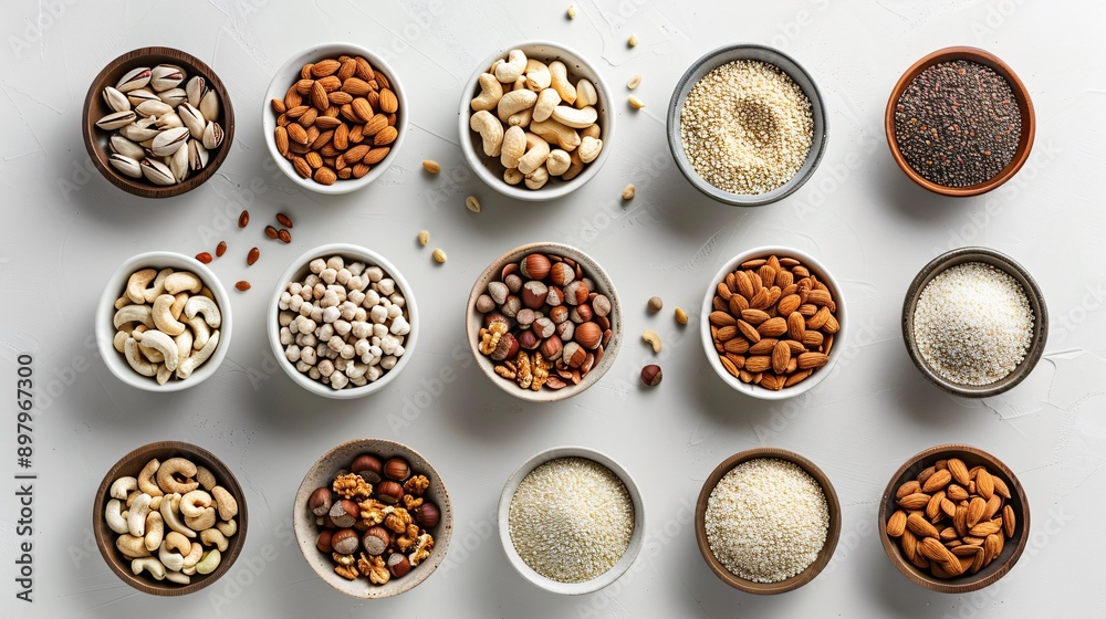 Detailed flat lay of assorted nuts and seeds in small bowls, minimalist style Detailed flat lay of assorted nuts and seeds in small bowls, minimalist style