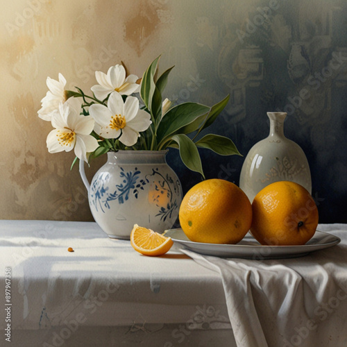 jug, jar, vase, food, beverage, object, breakfast, healthy, table, flower, bouquet, fruit, nature, autumn, flowers, summer, spring, orange, life, tea, pot, garden, vintage, art, pitcher