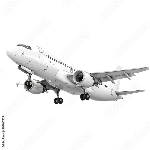 White passenger jet plane flying isolated on white background