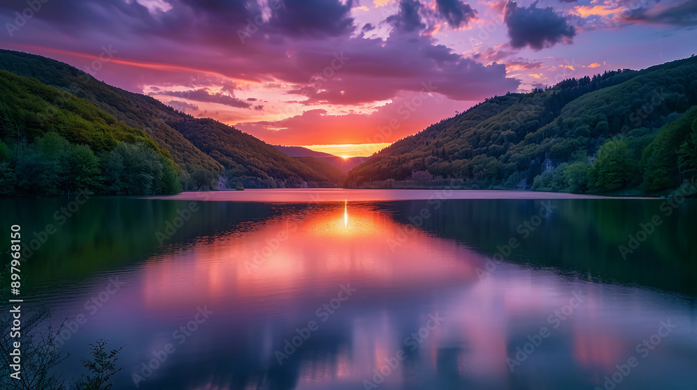 A serene sunset over a tranquil lake surrounded by lush green mountains A serene sunset over a tranquil lake surrounded by lush green mountains