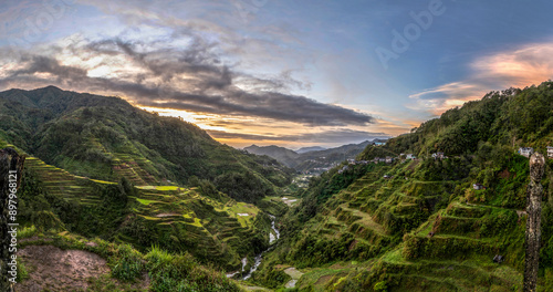 Panoramic wide angle view of the Banaue rice terraces and valley