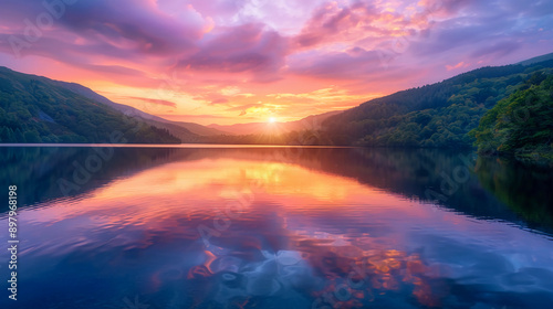 A serene sunset over a tranquil lake surrounded by lush green mountains