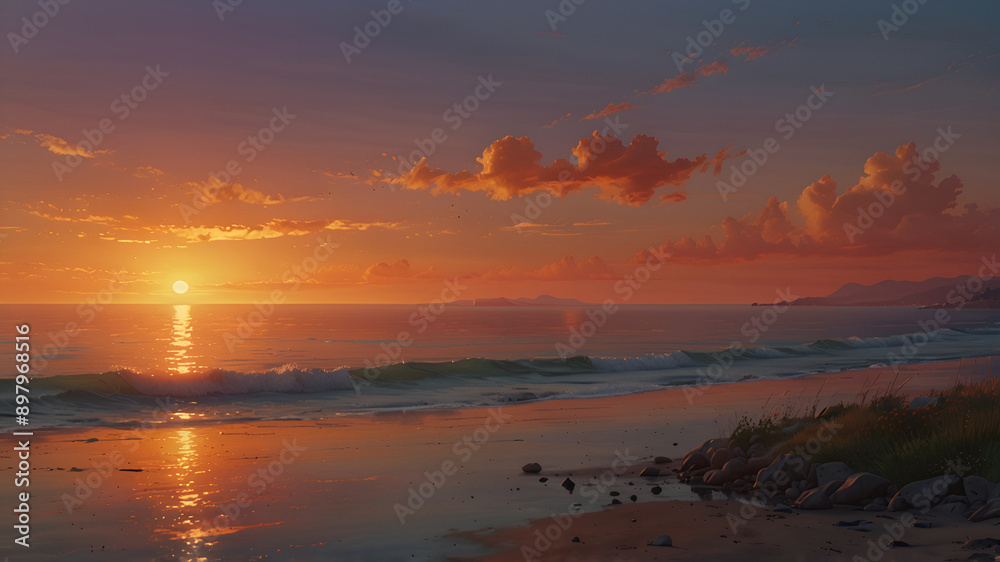 a serene beach scene at sunset with a majestic mountain range in the background a serene beach scene at sunset with a majestic mountain range in the background