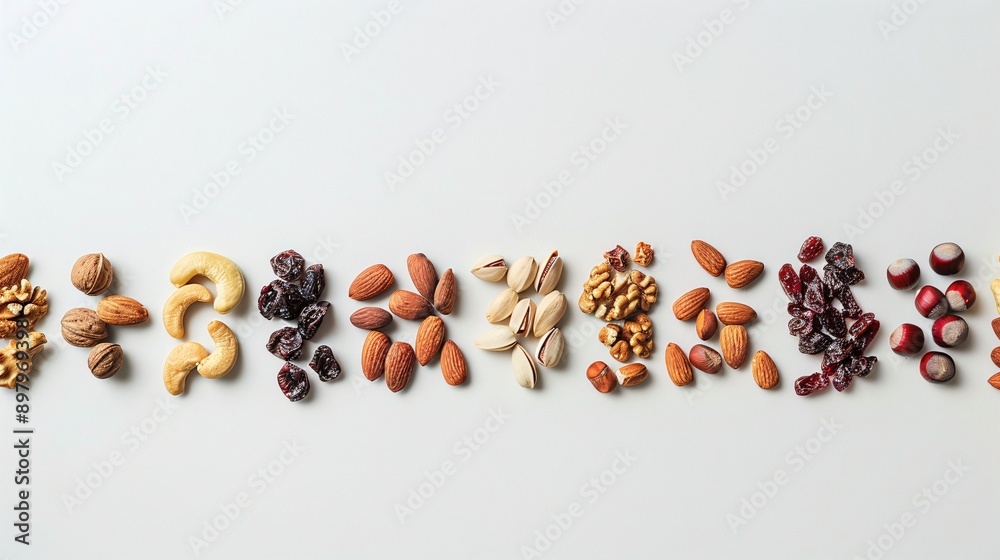 Minimalist arrangement of different nuts and dried fruits on a white table Minimalist arrangement of different nuts and dried fruits on a white table