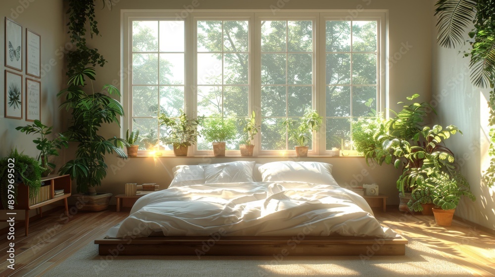 Sunlit bedroom with indoor plants - generative ai Sunlit bedroom with indoor plants - generative ai
