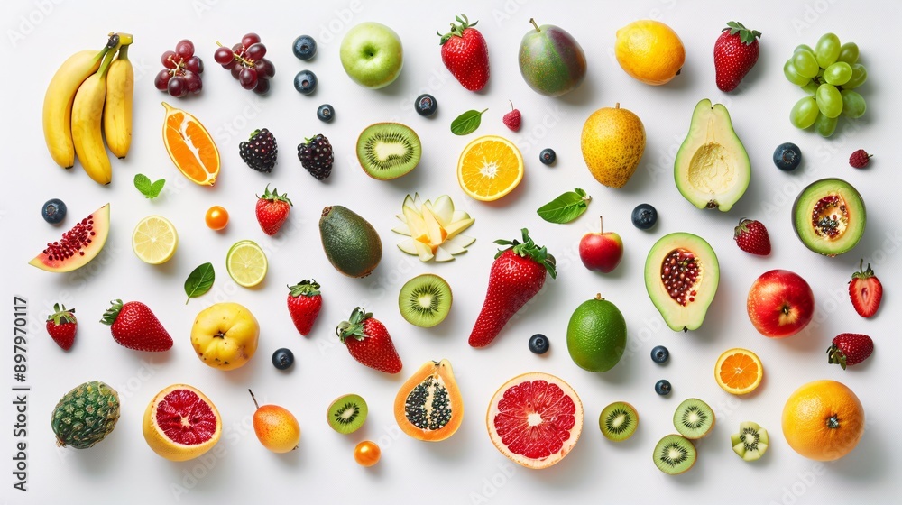 Minimalist flat lay of fresh fruits arranged on a white surface, depicted with detailed and precise 3D shading Minimalist flat lay of fresh fruits arranged on a white surface, depicted with detailed and precise 3D shading