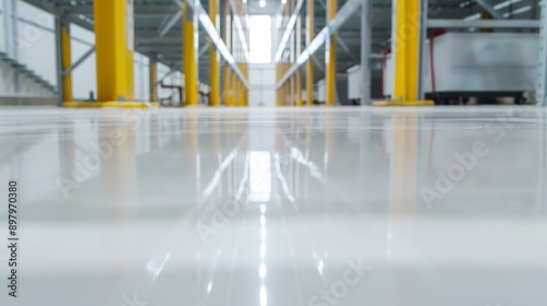 Epoxy resin foundation for an industrial warehouse, durable and smooth surface, reflective and easy to clean, practical and modern design photo