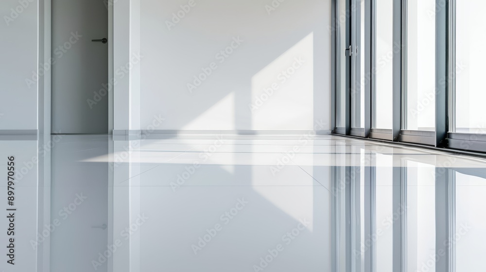 Flat epoxy resin floor with a seamless, polished finish, smooth and even surface, high-gloss shine, reflecting surrounding elements, elegant and contemporary Flat epoxy resin floor with a seamless, polished finish, smooth and even surface, high-gloss shine, reflecting surrounding elements, elegant and contemporary