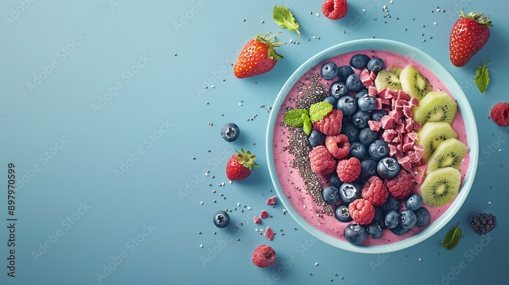 Minimalist flat lay of a fresh smoothie bowl with toppings, illustrated in ultra-sharp and clear 3D shading Minimalist flat lay of a fresh smoothie bowl with toppings, illustrated in ultra-sharp and clear 3D shading