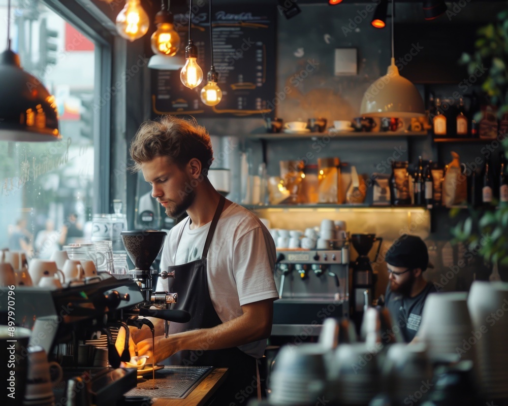 Busy Barista Brewing Espresso in Vibrant Cafe Environment, Service Industry Concept Captured with Sony A7 IV Busy Barista Brewing Espresso in Vibrant Cafe Environment, Service Industry Concept Captured with Sony A7 IV