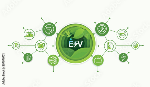 EV. Electric car with icons. save the planet and energy concept. green eco energy and environment conservation. paper art. auto industry, future technology, hybrid concept. vector.