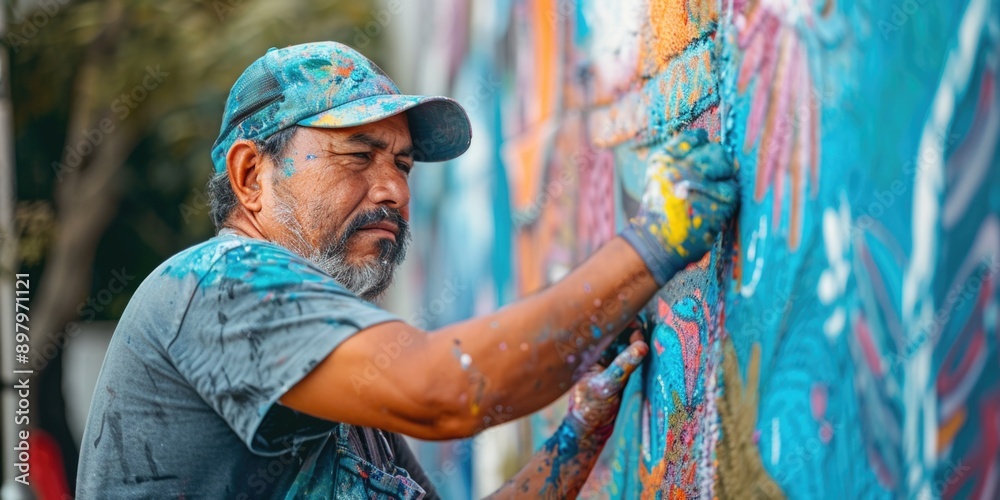 Obraz premium Celebrating Hispanic Heritage: Artist Painting Vibrant Mural Reflecting Cultural Roots | Sony A7 IV